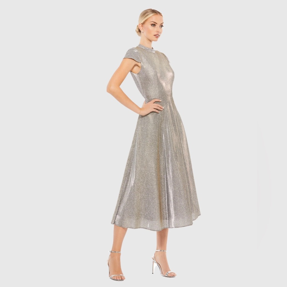 Mac Duggal IEENA FOR MAC DUGGAL Metallic Cap Sleeve Tea-Length Dress